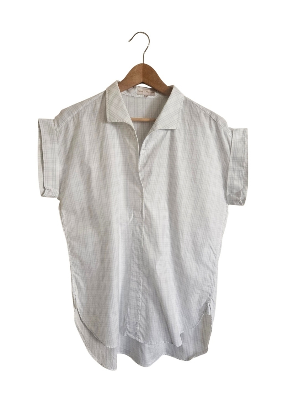 Sarah Alexandra Light Blue & White Cotton Gingham Cap Sleeve V-Neck Top Size L